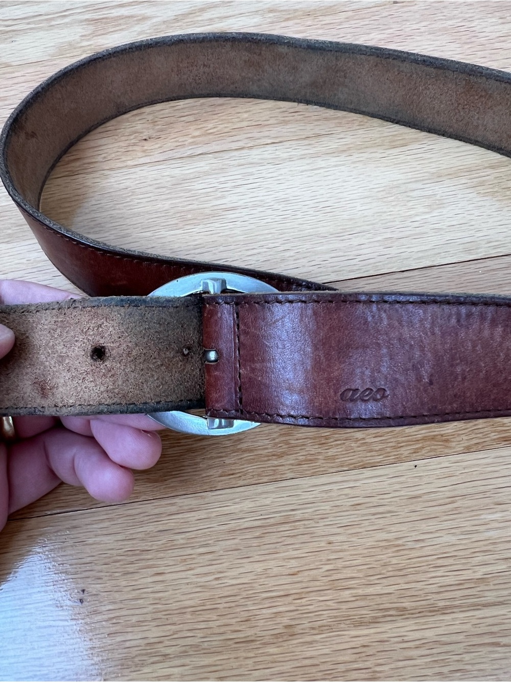 VTG American Eagle Brown Leather Rhinestone Oval Buckle Belt - Picture 5 of 7